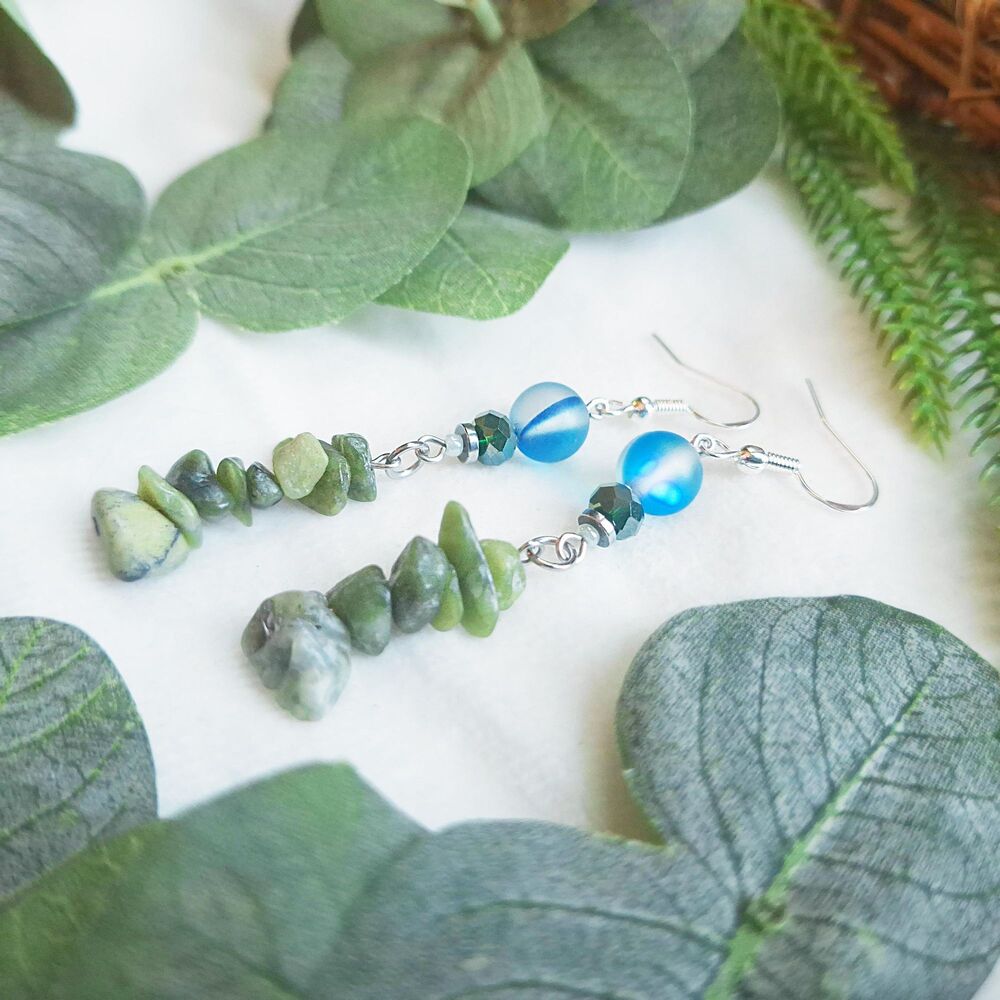 Aqua Blue Glass & Green Serpentine Dangle Earrings - Picture 11 of 13
